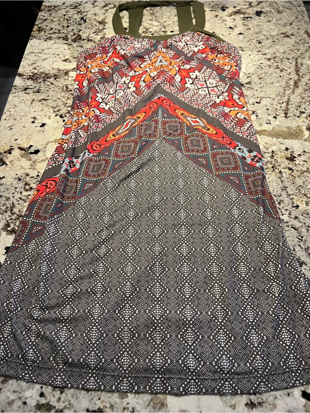 Prana Asymmetrical Maxi Dress in Olive, Red, Orange and Gray